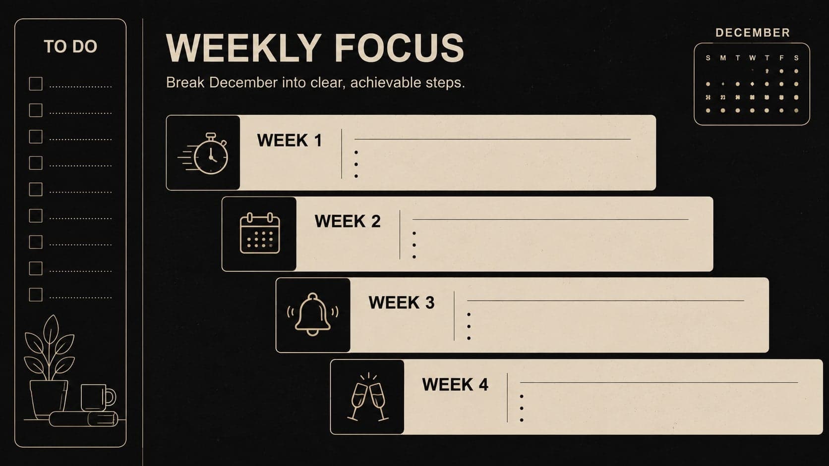 Weekly focus layout for organizing December tasks within a minimalist holiday planning calendar.