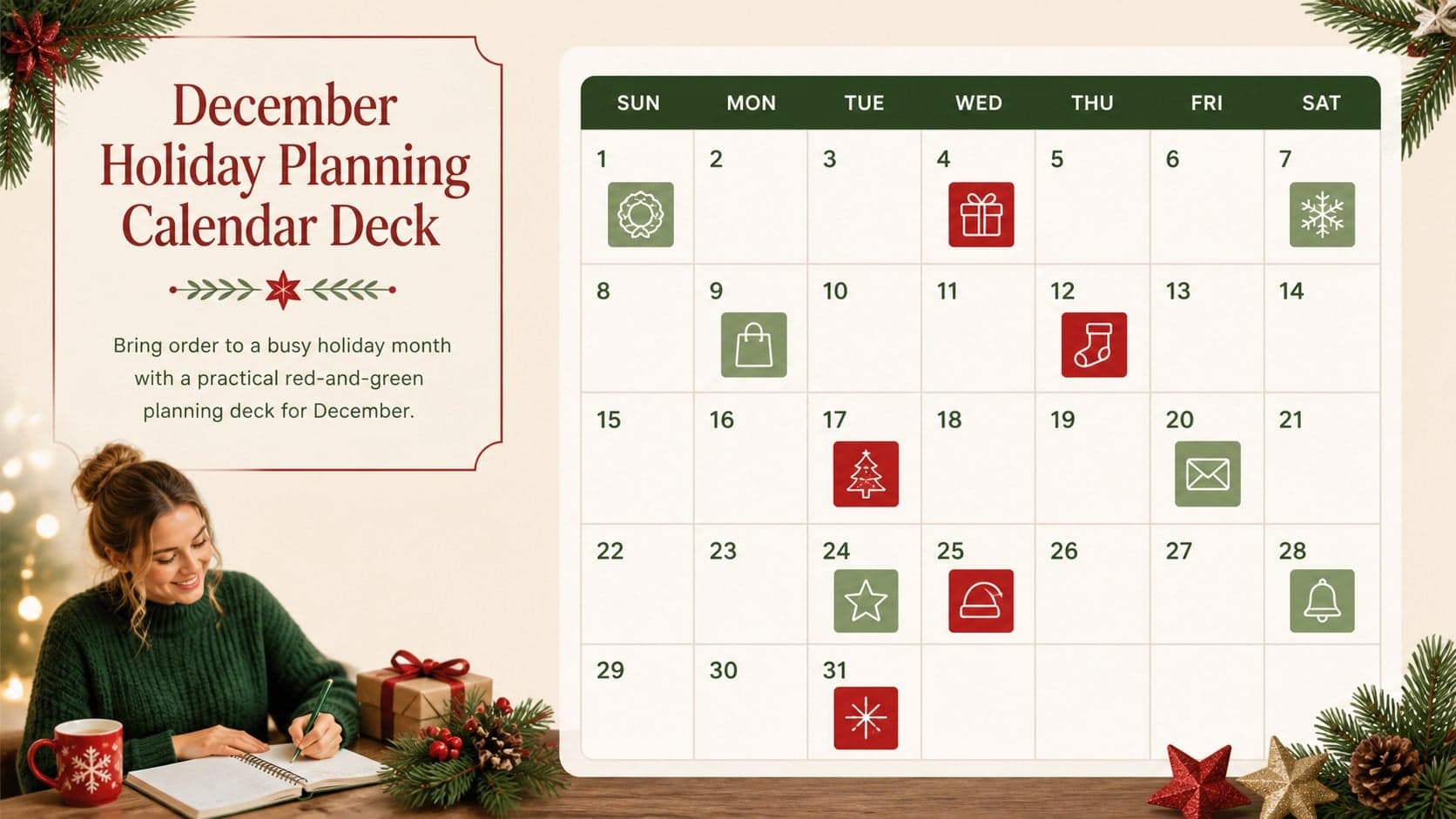 Cover slide for a December holiday planning calendar with red and green seasonal styling.