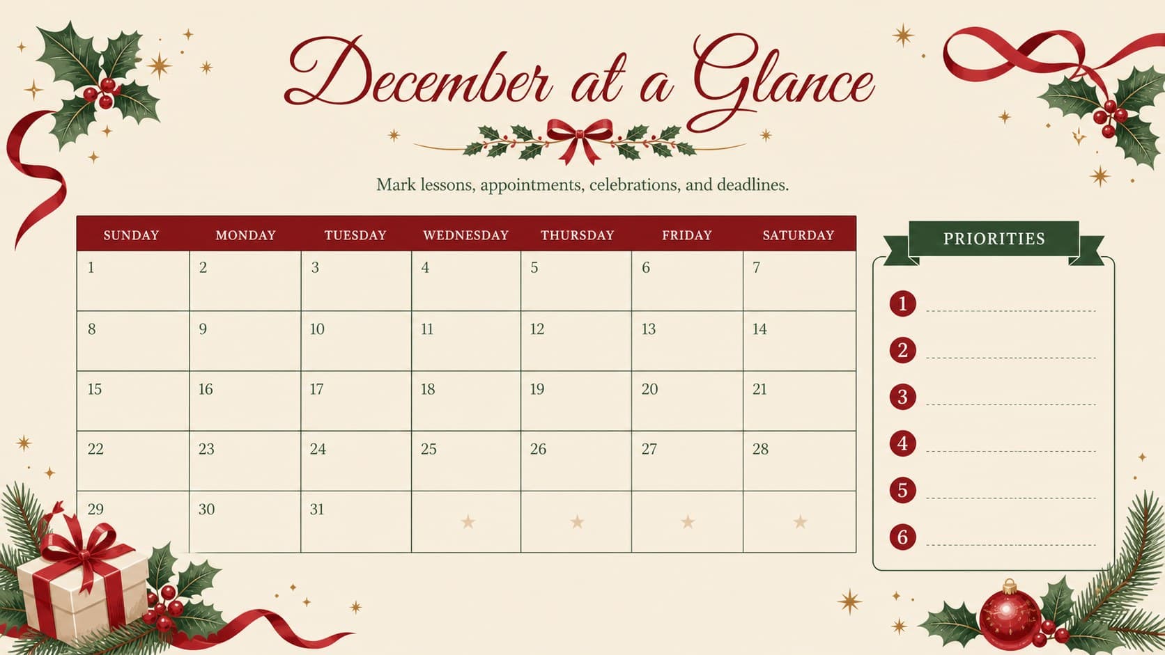 December monthly overview slide showing a festive holiday planning calendar.