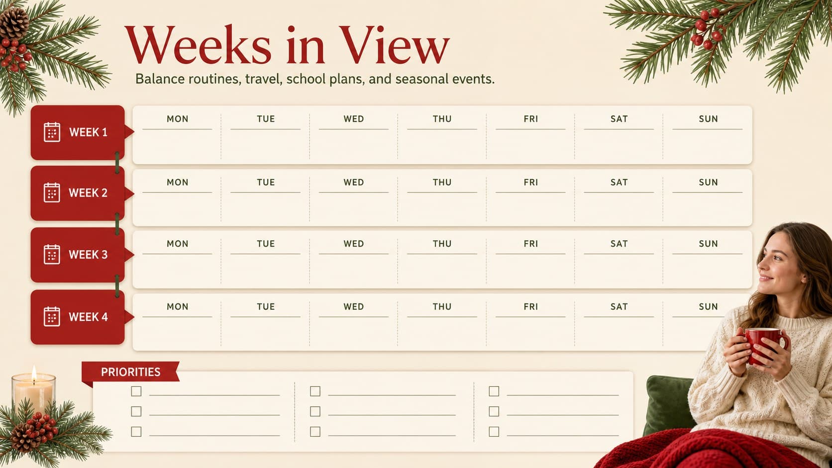 Holiday planning calendar slide with a December weekly schedule and priority list.