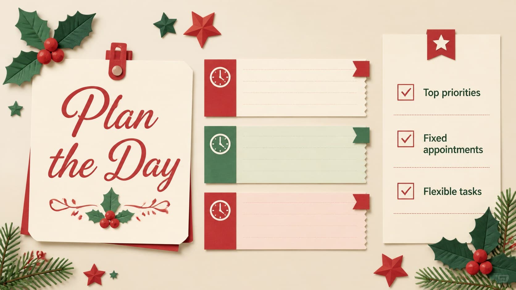 Daily December planner slide with time blocks and a holiday task checklist.