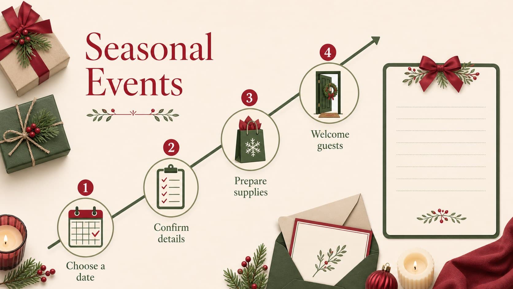 Festive event planning slide showing a December celebration timeline and preparation steps.