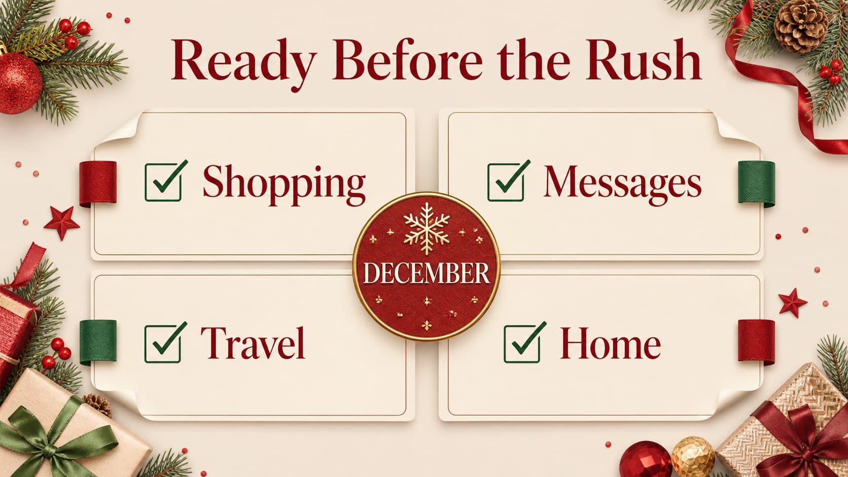 December holiday task management slide with categorized checklists for preparation.