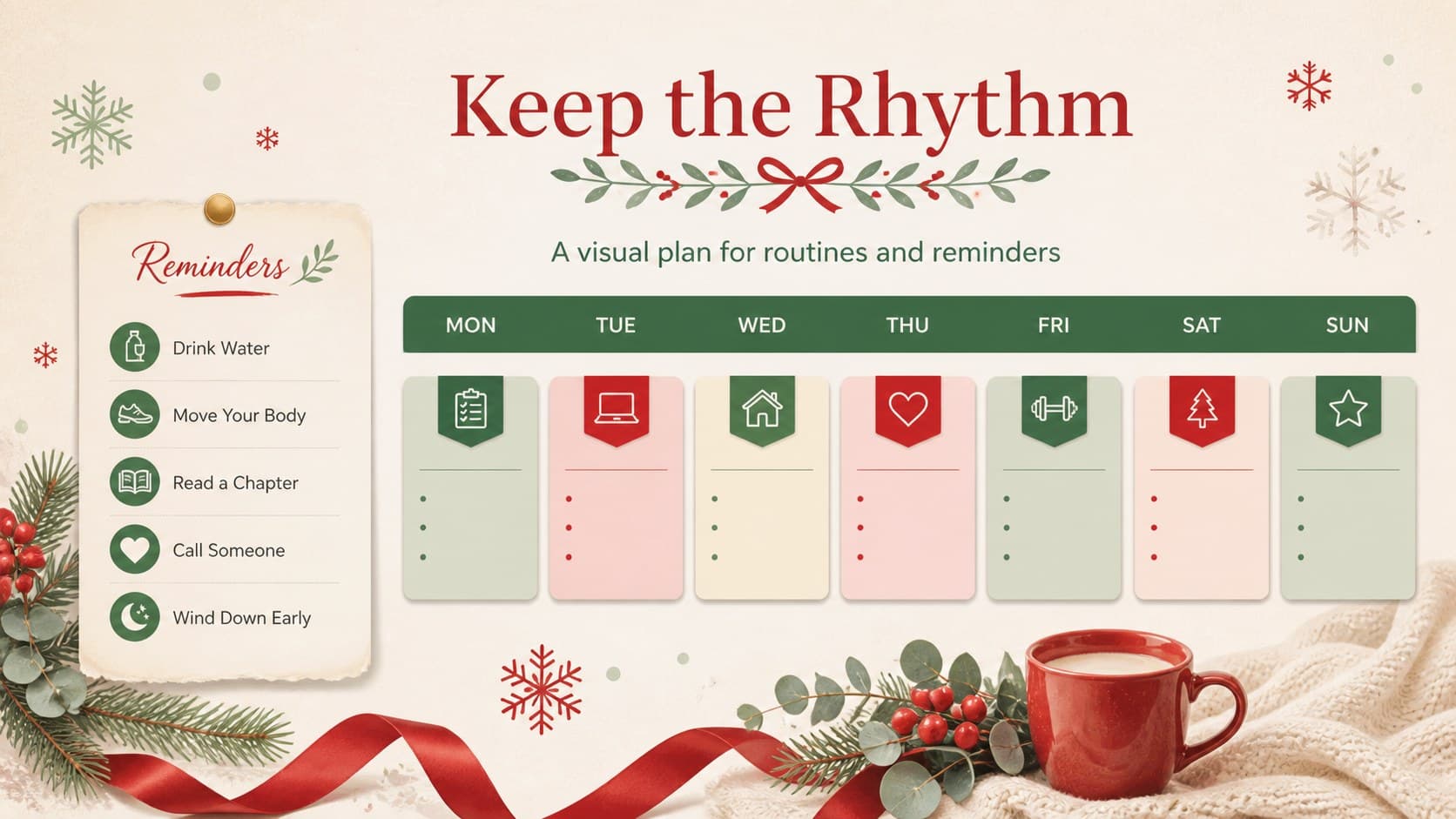 Visual December planner slide with color-coded routines, appointments, and holiday reminders.