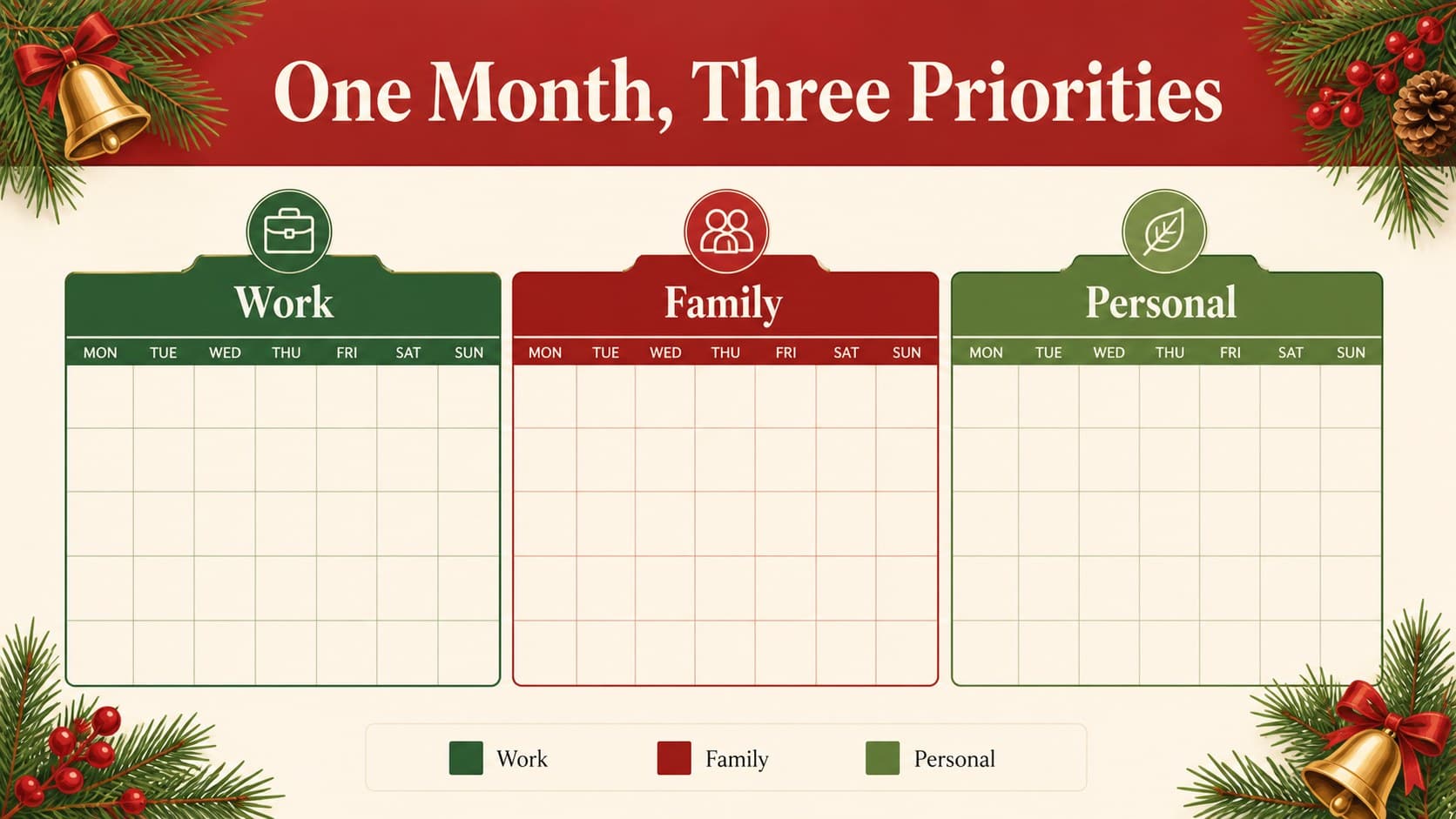 Holiday schedule presentation slide comparing work, family, and personal commitments.
