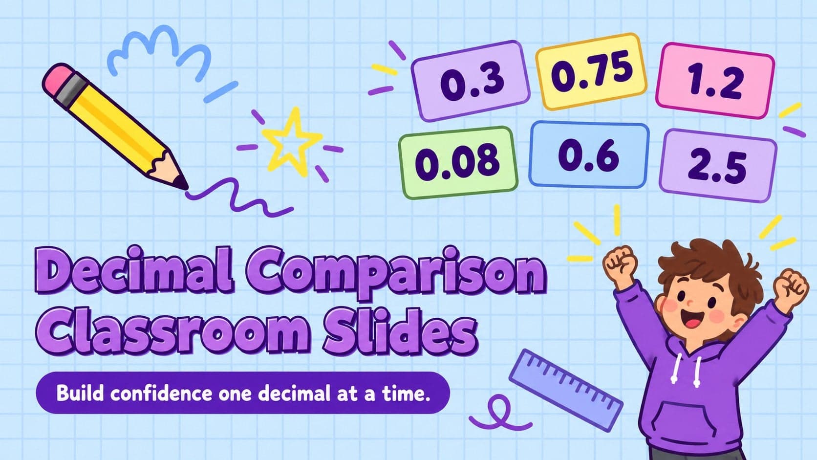 Pastel blue cover for Decimal Comparison Classroom Slides with playful number doodles and an elementary math subtitle.