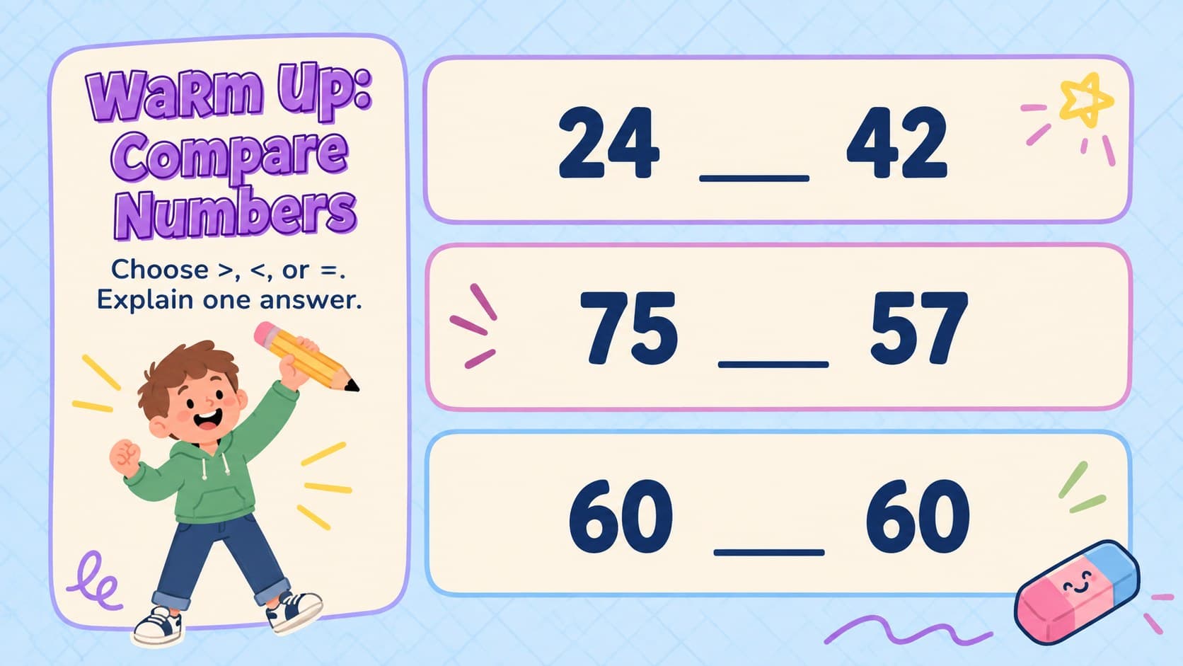Whole-number comparison warm-up showing three number pairs before elementary decimal practice.