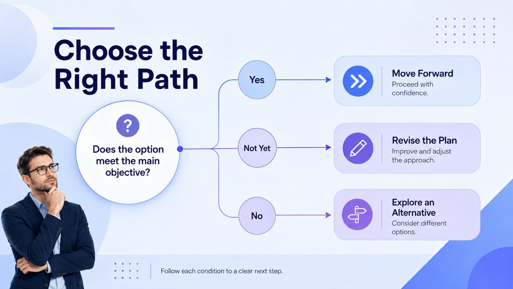 Blue and purple decision flow infographic showing conditions that lead to three recommended outcomes.