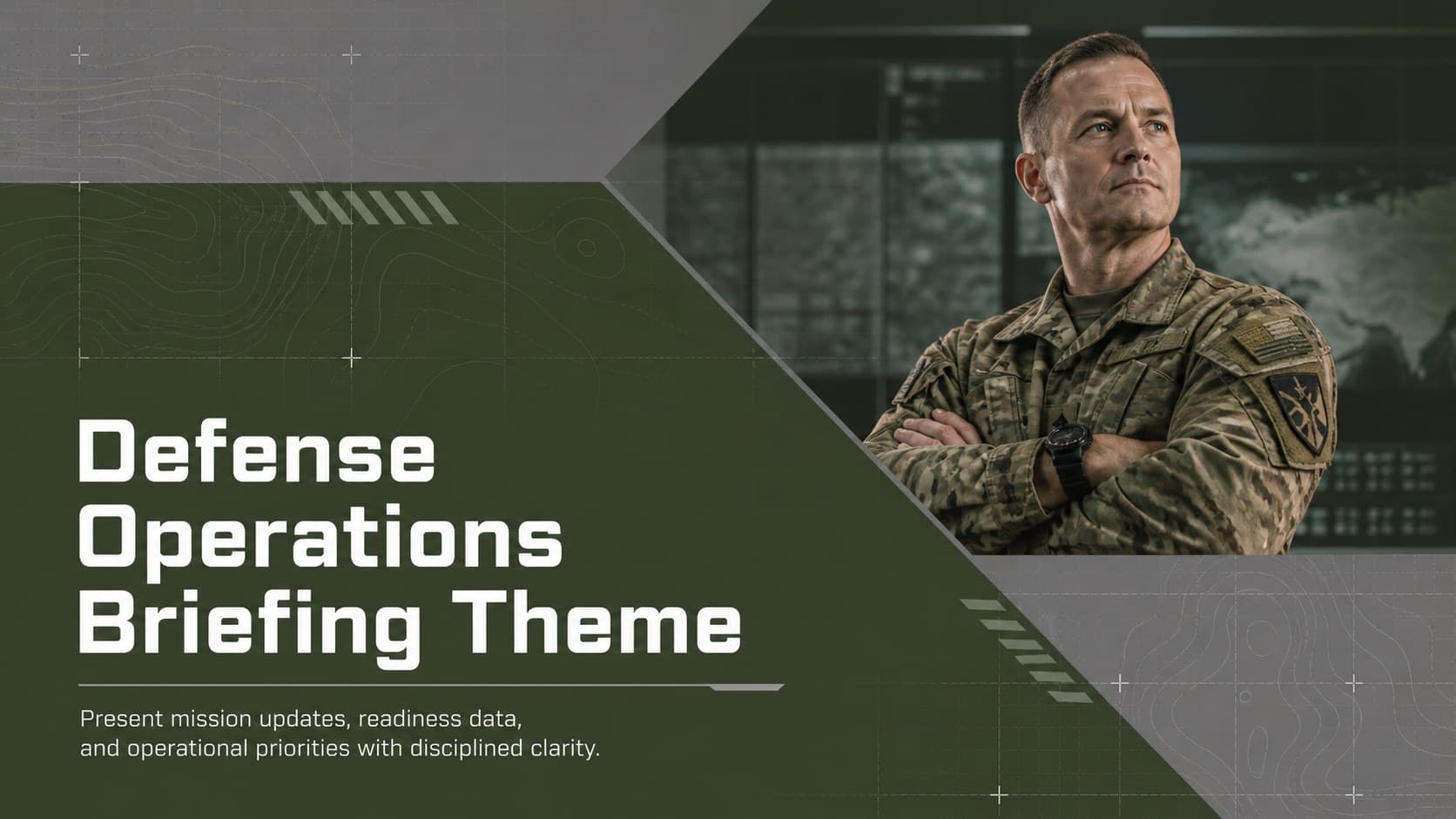 Defense operations briefing theme cover with structured green and grey geometric graphics.
