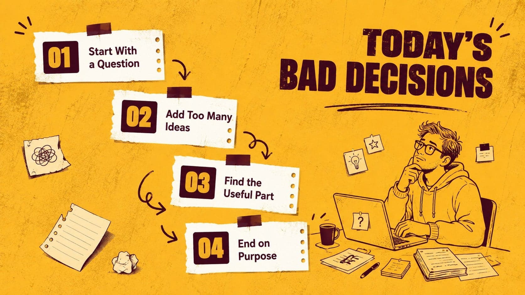 Playful agenda layout for a quirky presentation with four discussion topics and hand-drawn yellow accents.