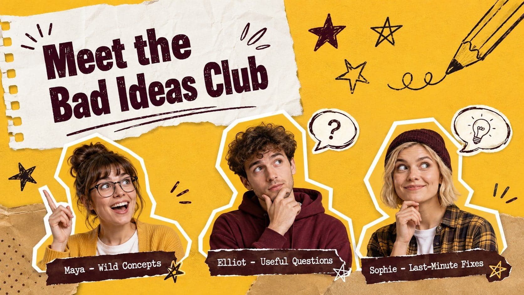 Funny presentation deck for students featuring three original illustrated team members with quirky creative roles.