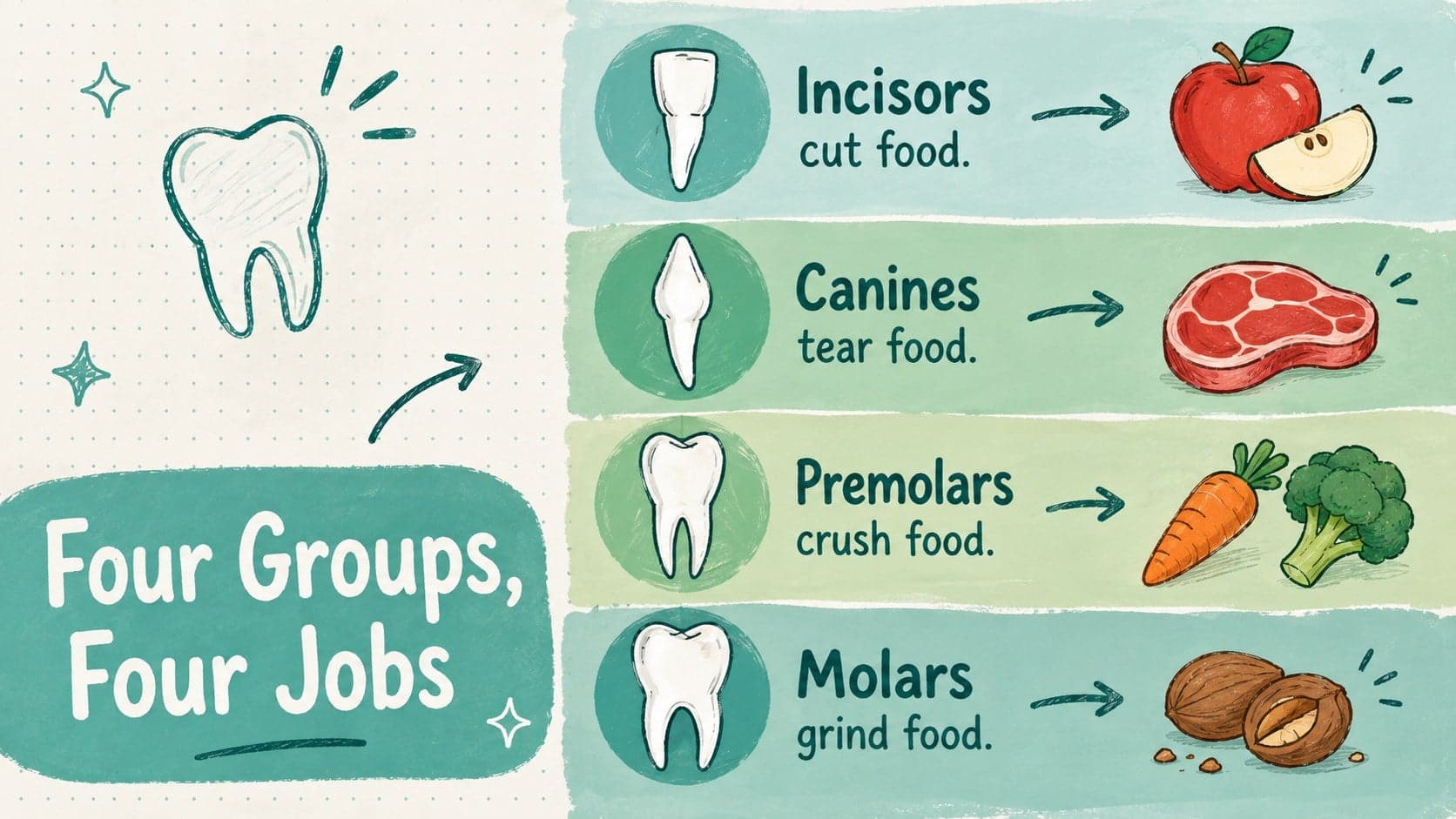 Four-panel tooth types and functions presentation comparing incisors, canines, premolars, and molars.