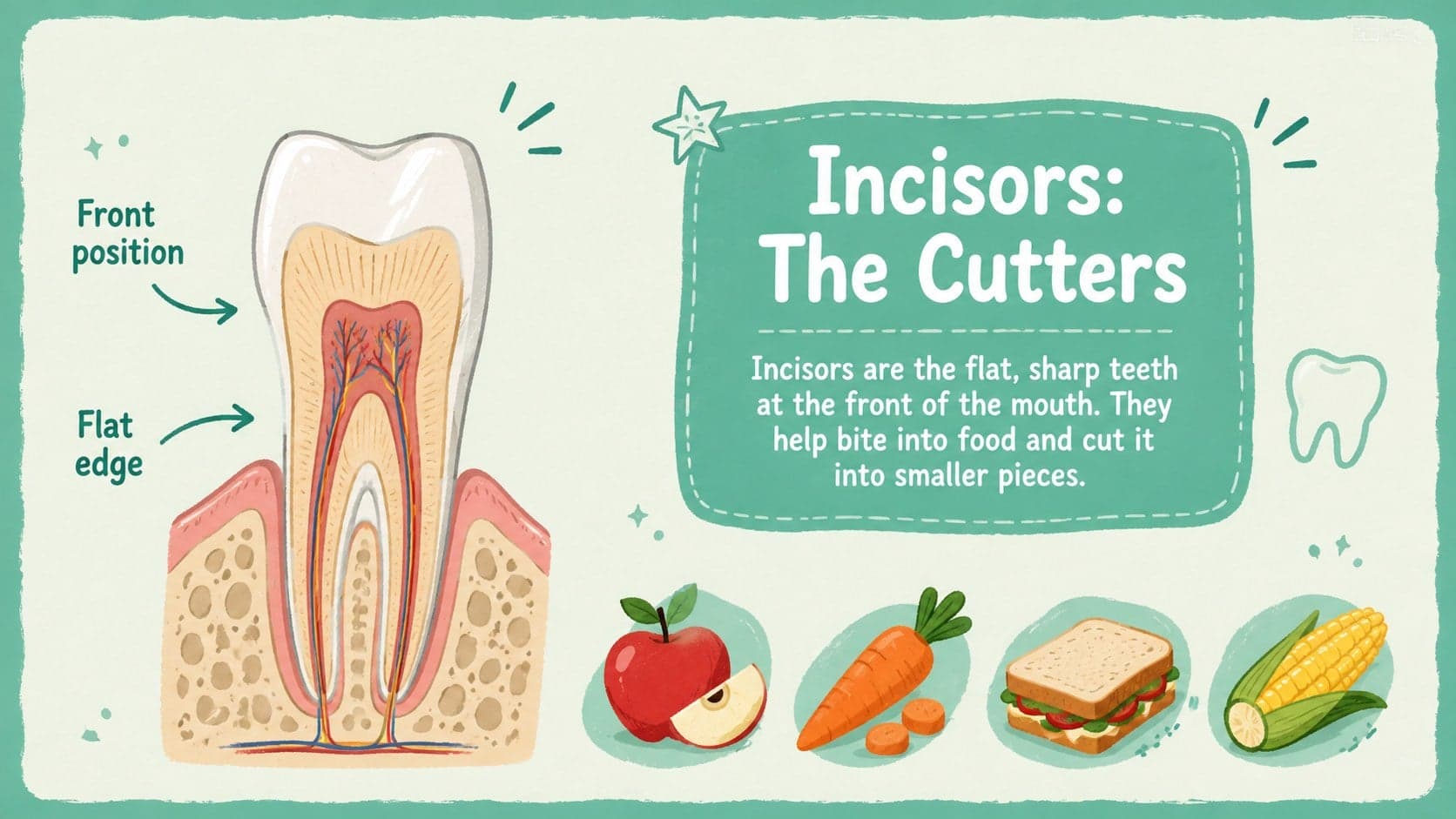 Student-friendly incisors slide explaining how front teeth bite and cut food.