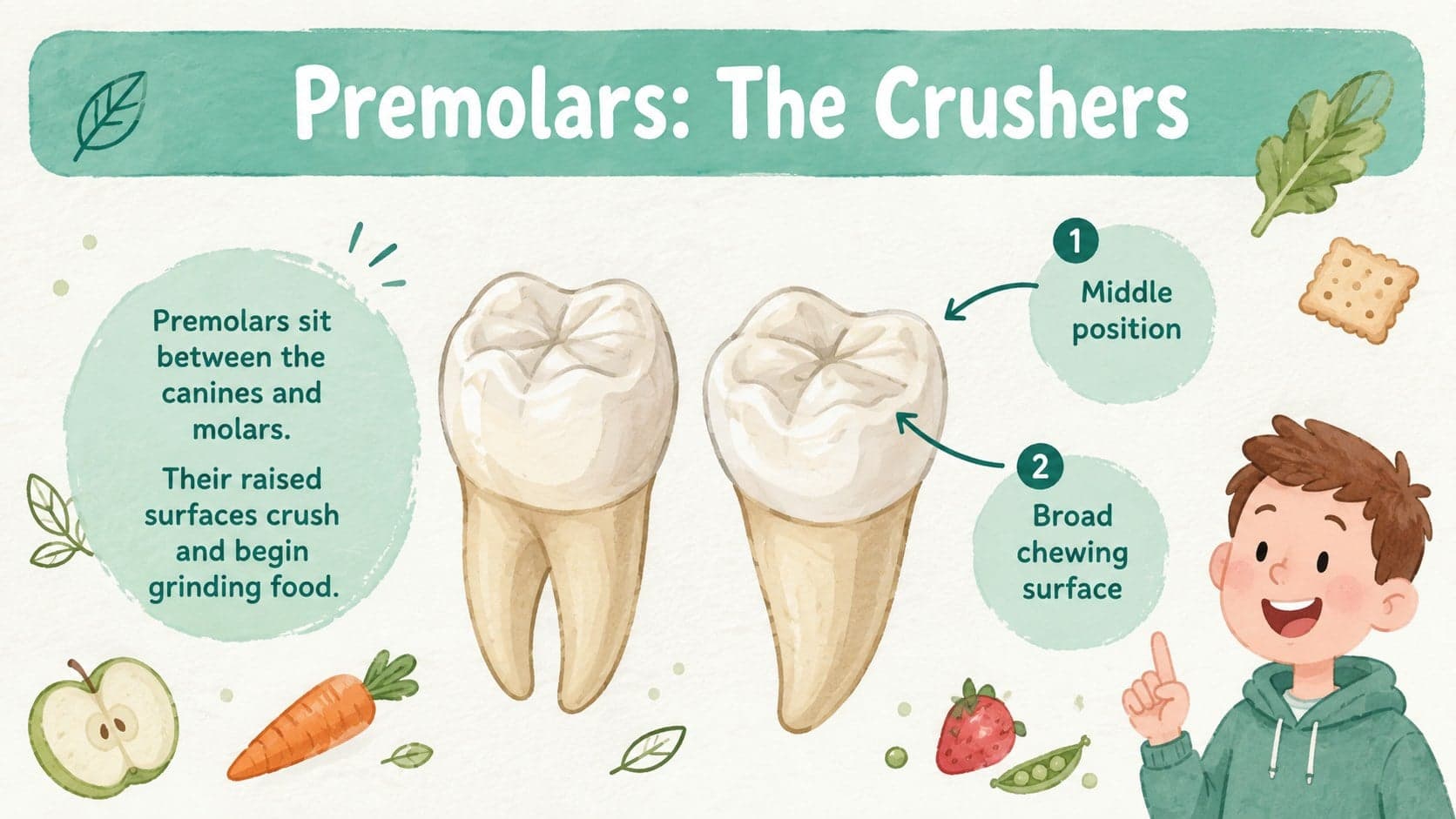 Teal illustrated premolars slide for a dental anatomy lesson showing their crushing function.