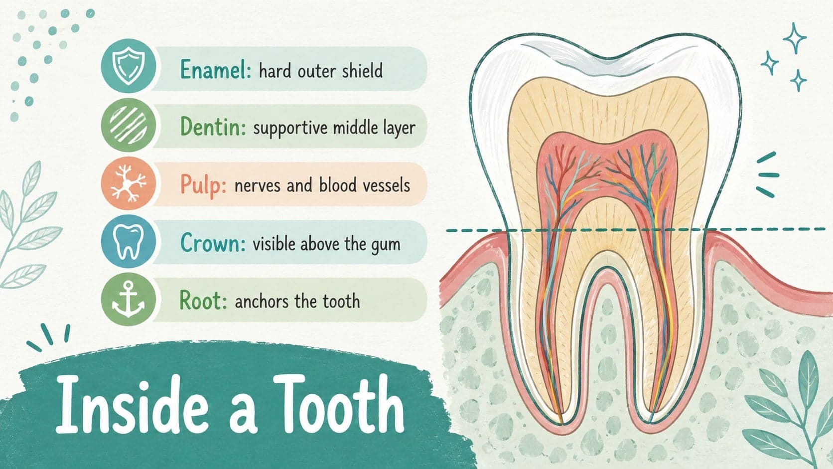 Labeled tooth structure diagram identifying enamel, dentin, pulp, crown, and root.