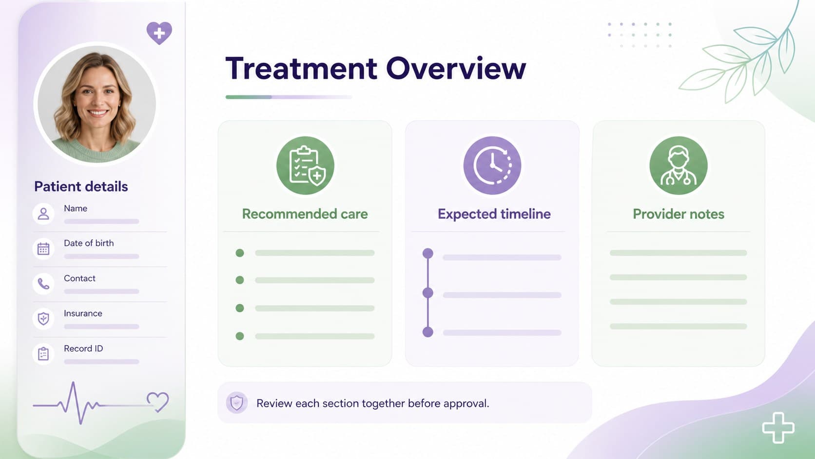 Dental treatment overview slide showing patient details, recommended care, and procedure information in an editable healthcare presentation layout.