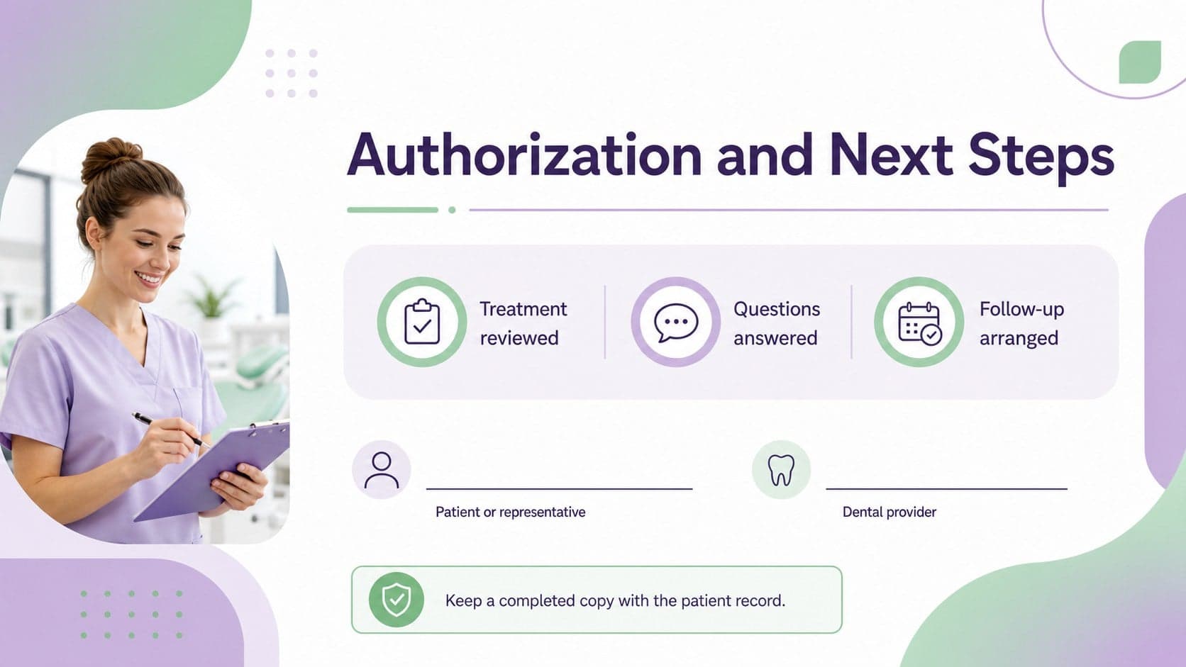 Dental procedure risks and benefits slides closing page with consent confirmation, signature fields, and follow-up information.