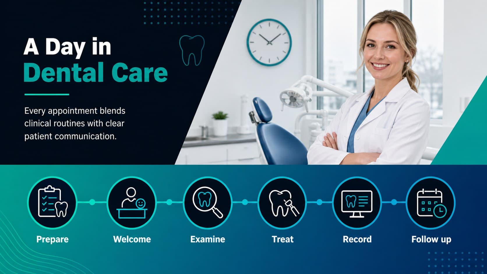 Dentistry career day slide outlining a typical workday from preparation to patient follow-up.