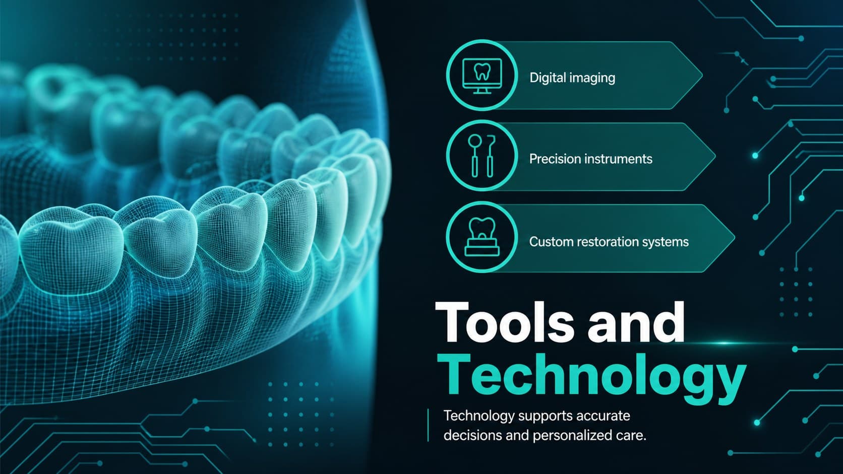Dental career exploration slide featuring clinical tools, digital imaging, and modern dental technology.