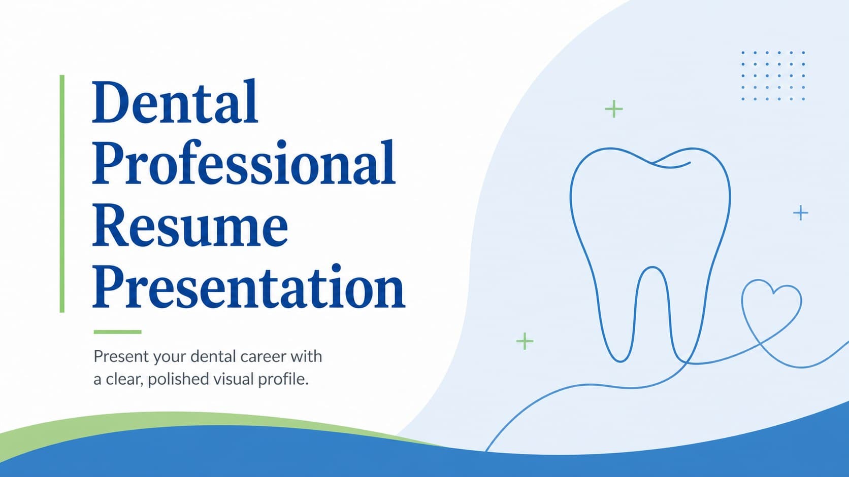 Cover slide for a dental professional resume presentation with blue-green geometric accents and a clean clinical layout.
