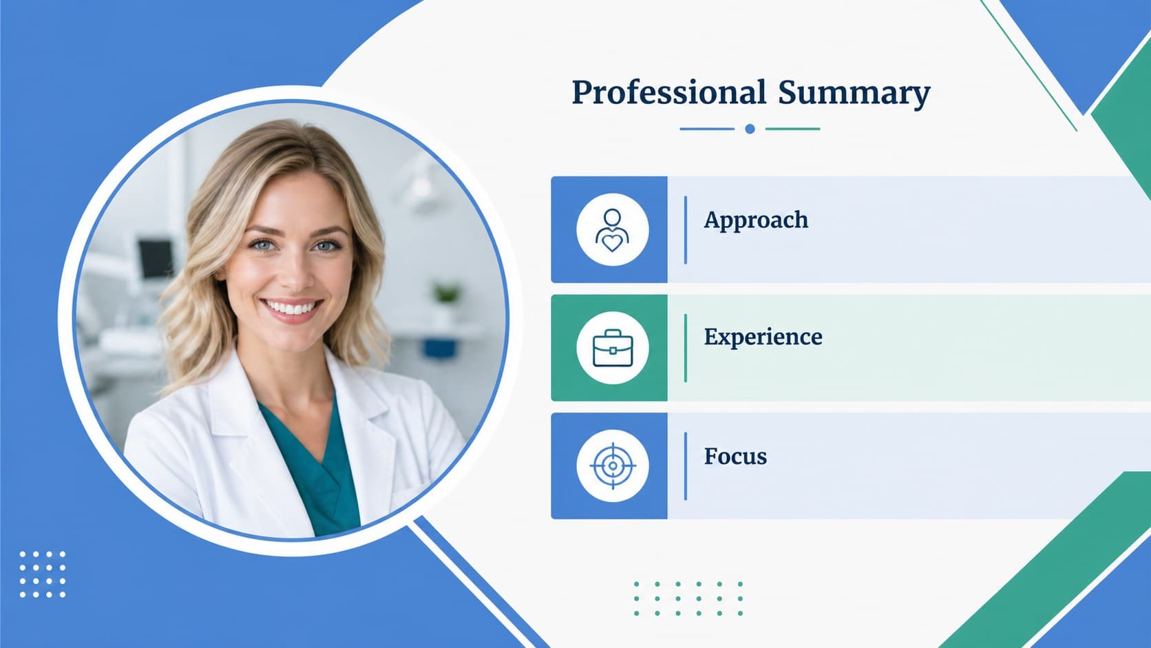 Professional summary slide showing a dentist profile area with blue and green geometric details.