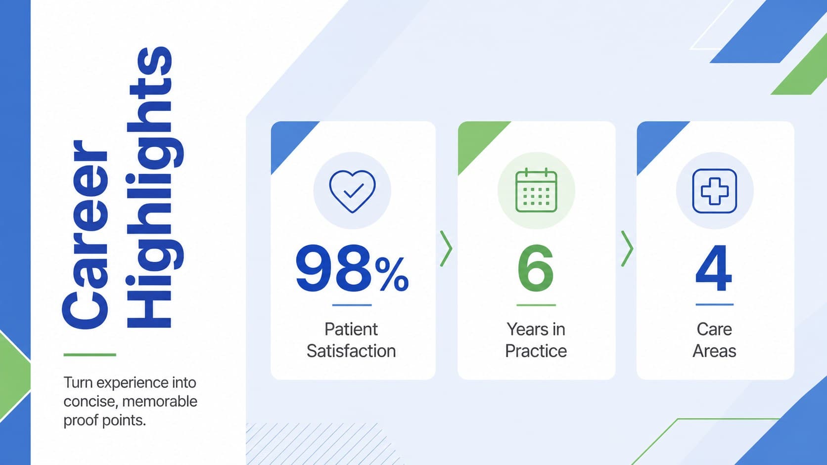 Career highlights slide summarizing dentist strengths and patient outcomes in a blue-green resume layout.