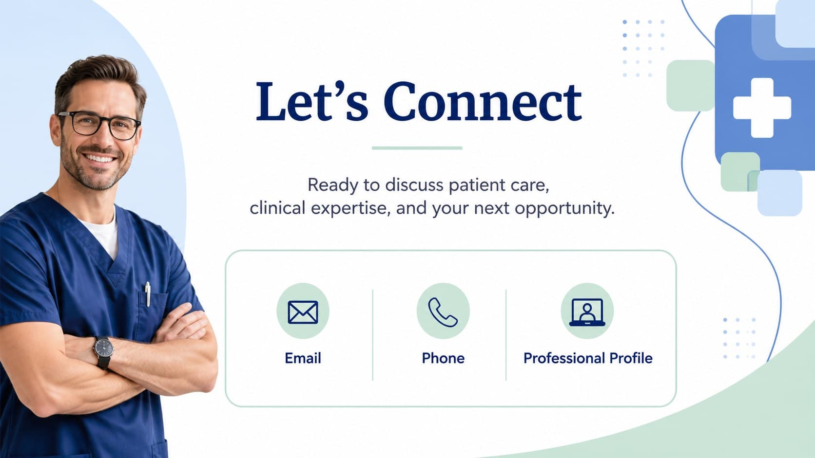 Contact slide closing a dentist job application deck with a clean blue-green professional profile layout.