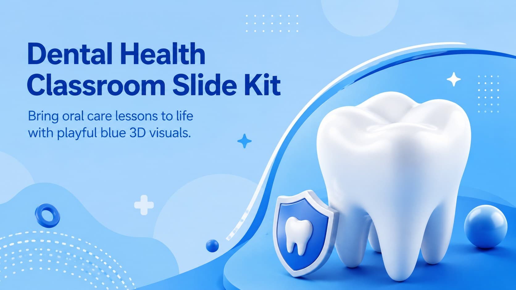 Cover of a dental health classroom slide kit with a playful blue 3D tooth illustration.