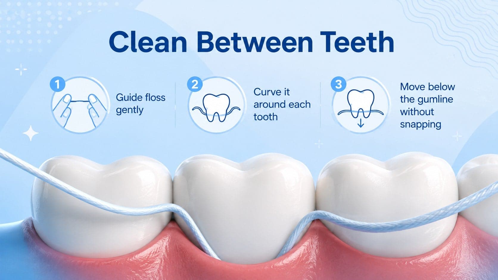 Student oral hygiene slide demonstrating safe flossing between adjacent teeth.