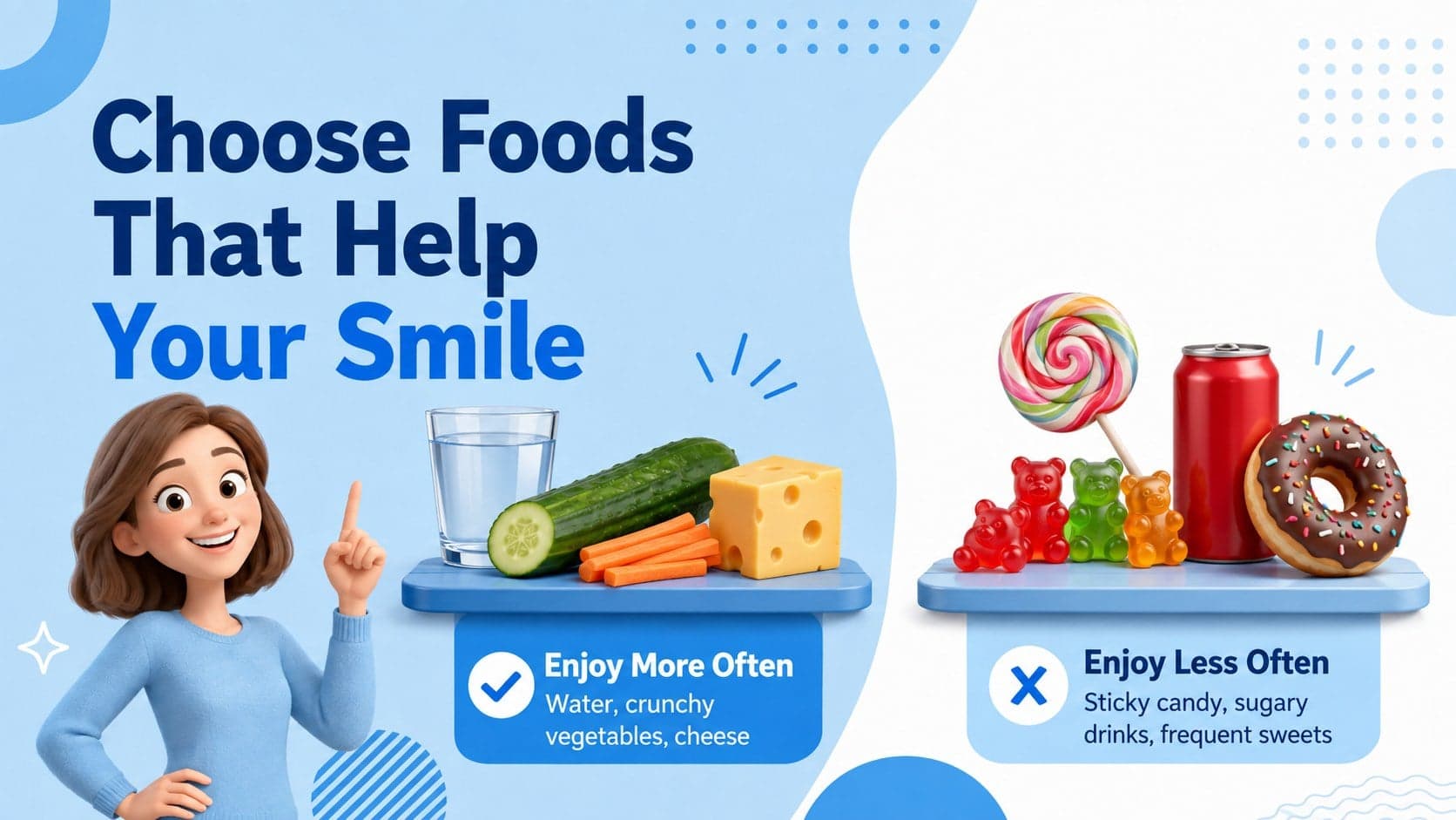 Dental health comparison slide contrasting tooth-friendly foods with sugary snacks.