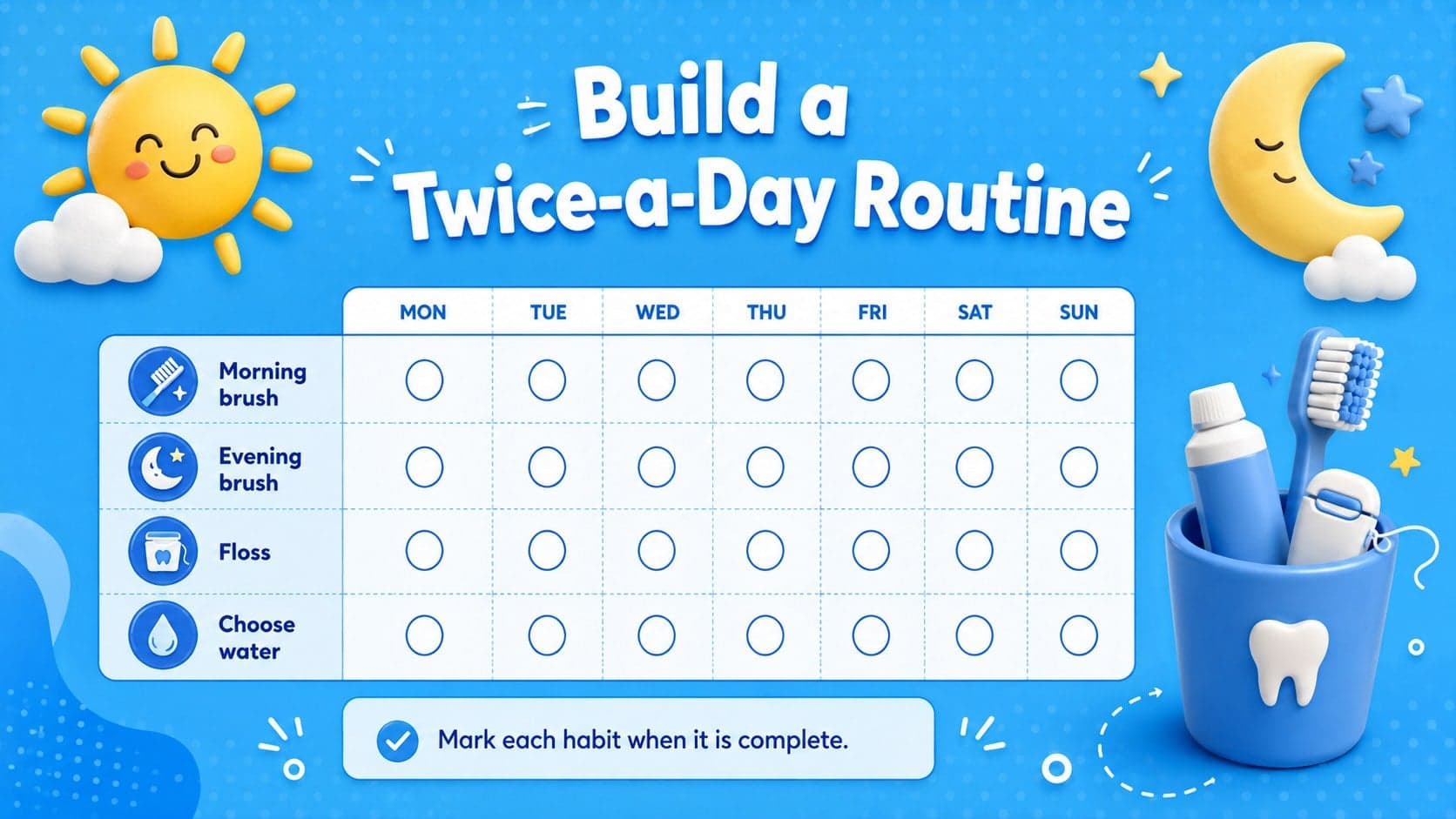 Blue oral care checklist slide for tracking morning and evening dental habits.