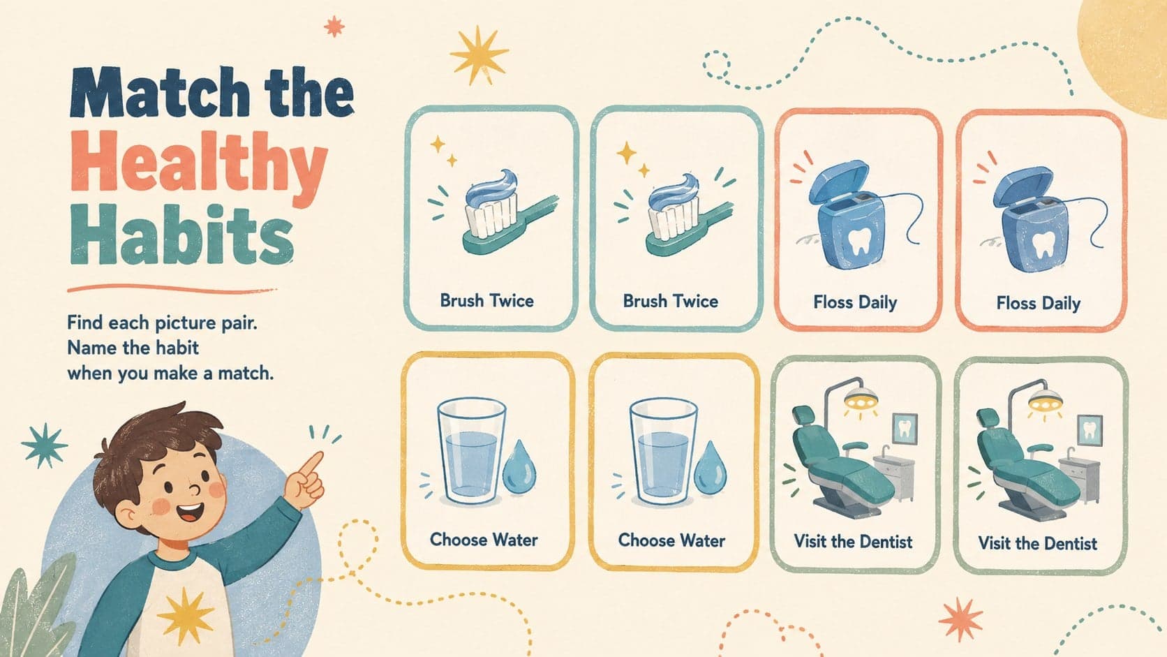 Dental hygiene memory game for kids featuring illustrated cards about brushing, flossing, water, and dentist visits.