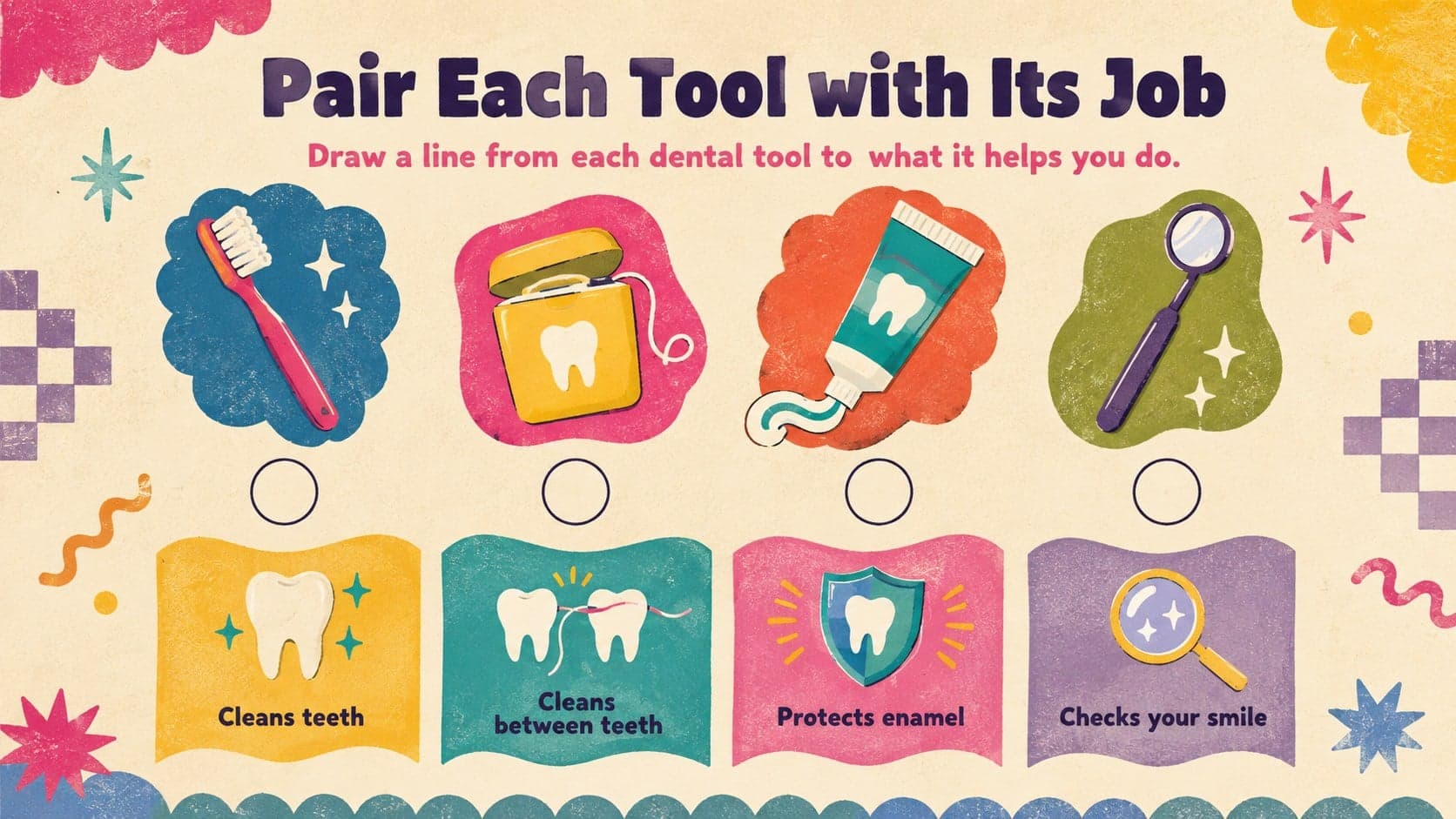 Editable tooth matching game slide pairing dental tools with their everyday oral care purposes.