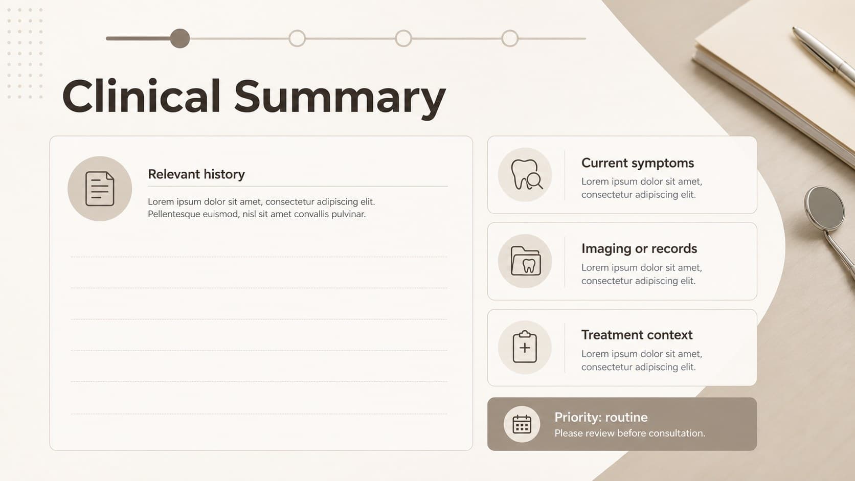 Clinical summary slide showing organized treatment context and notes for a dental specialist handoff.