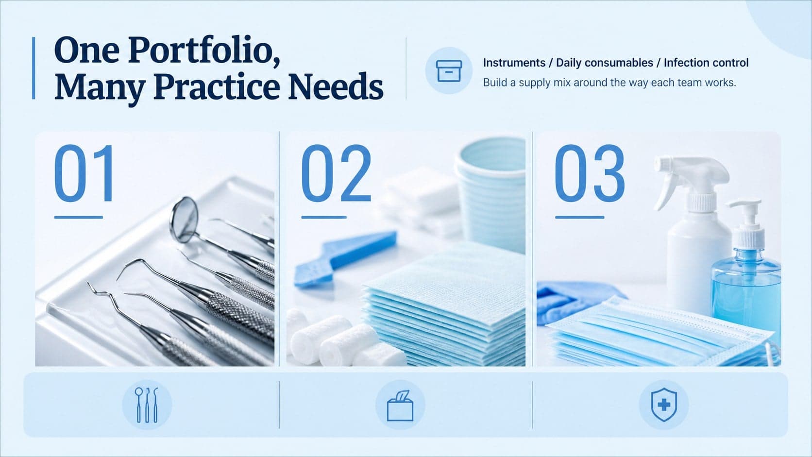 Dental product portfolio slide displaying organized categories for instruments, consumables, and clinic supplies.
