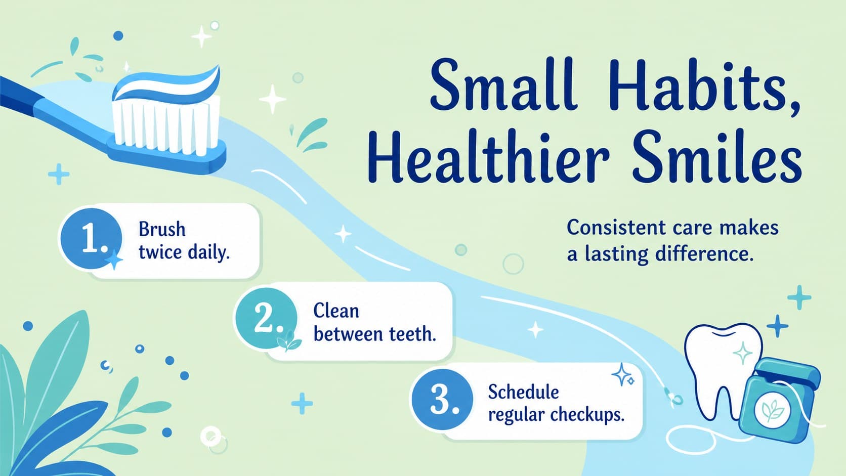 Oral health services poster with three concise care reminders and fresh blue-green tooth-care graphics.