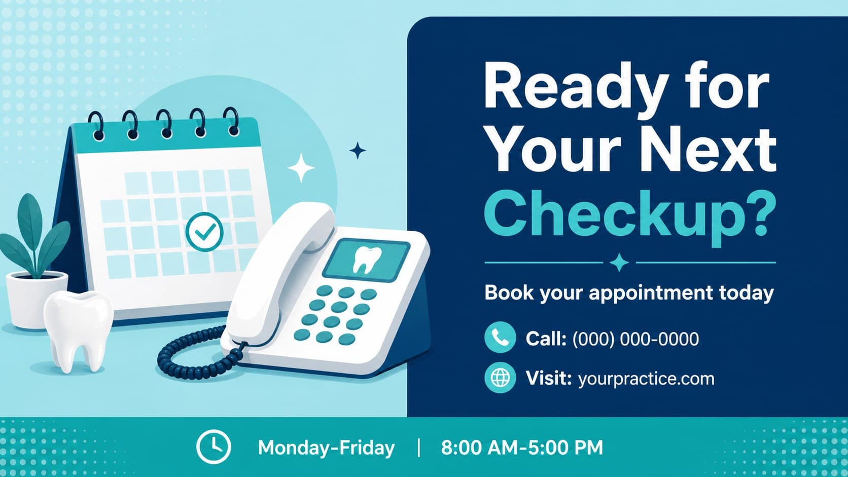 Dental appointment promotion slide with booking details, clinic hours, and a clear call to action in blue and green.