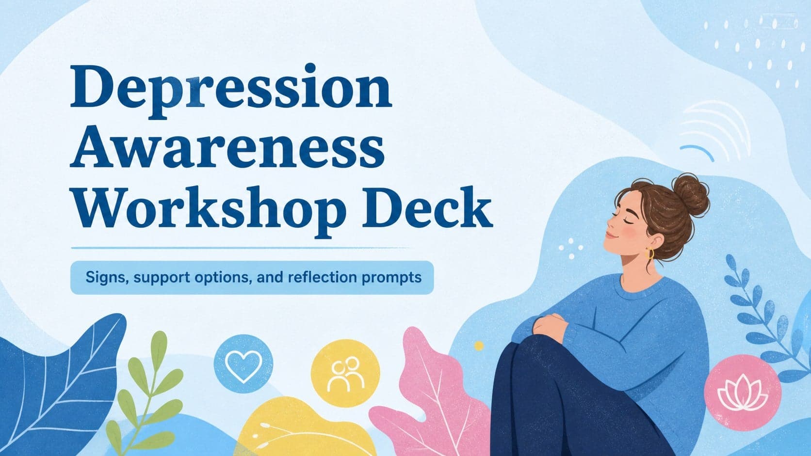 Cover of a colorful blue depression awareness workshop deck with friendly illustrations and a clear workshop subtitle.