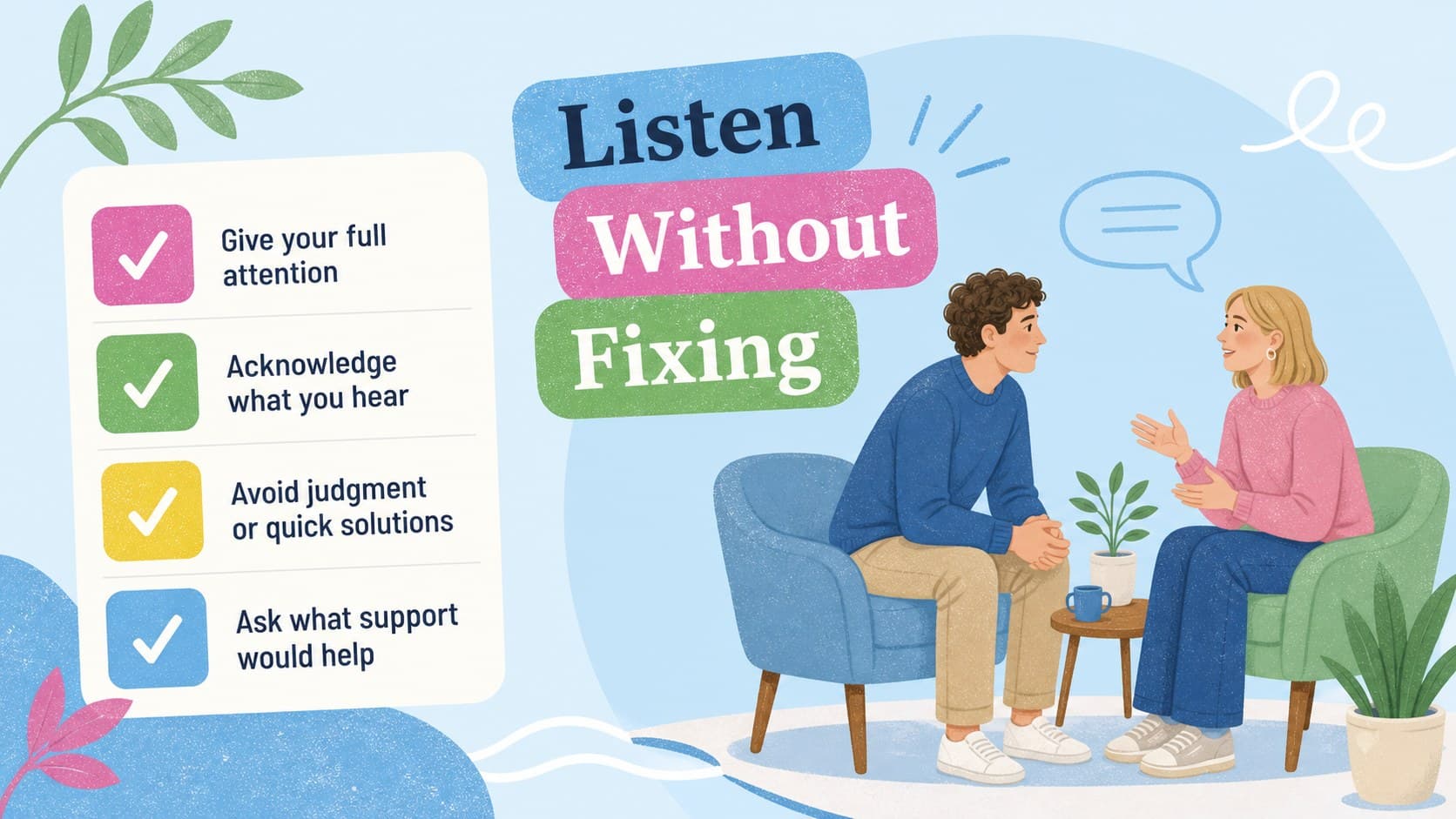 Supportive conversation workshop slide with practical listening guidance for depression discussions.