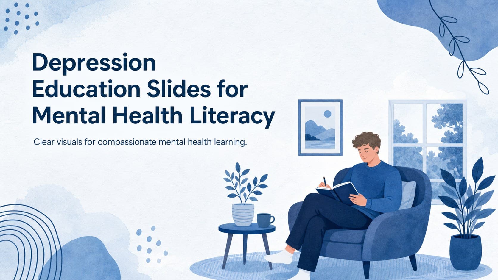 Blue-and-white cover for Depression Education Slides for Mental Health Literacy with an original illustrated figure and supportive wellness symbols.