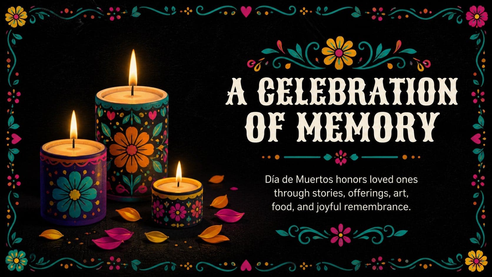 Day of the Dead cultural lesson slide explaining remembrance through a large statement and candle imagery.