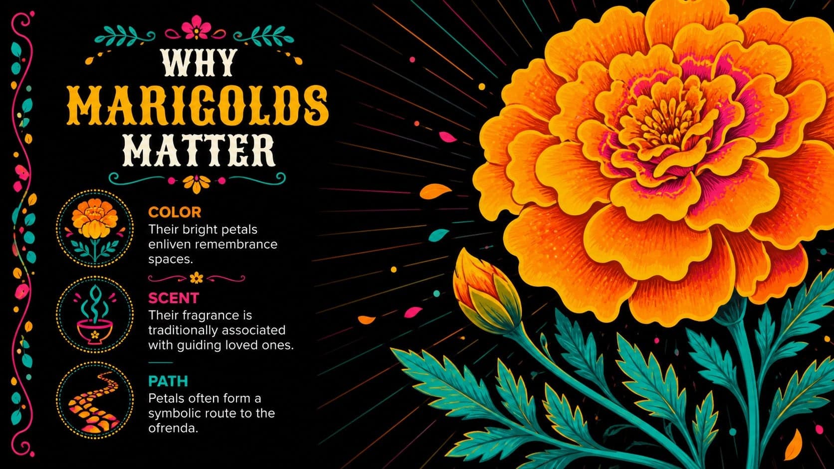 Mexican remembrance festival PowerPoint slide describing the symbolism of marigolds with bright floral artwork.