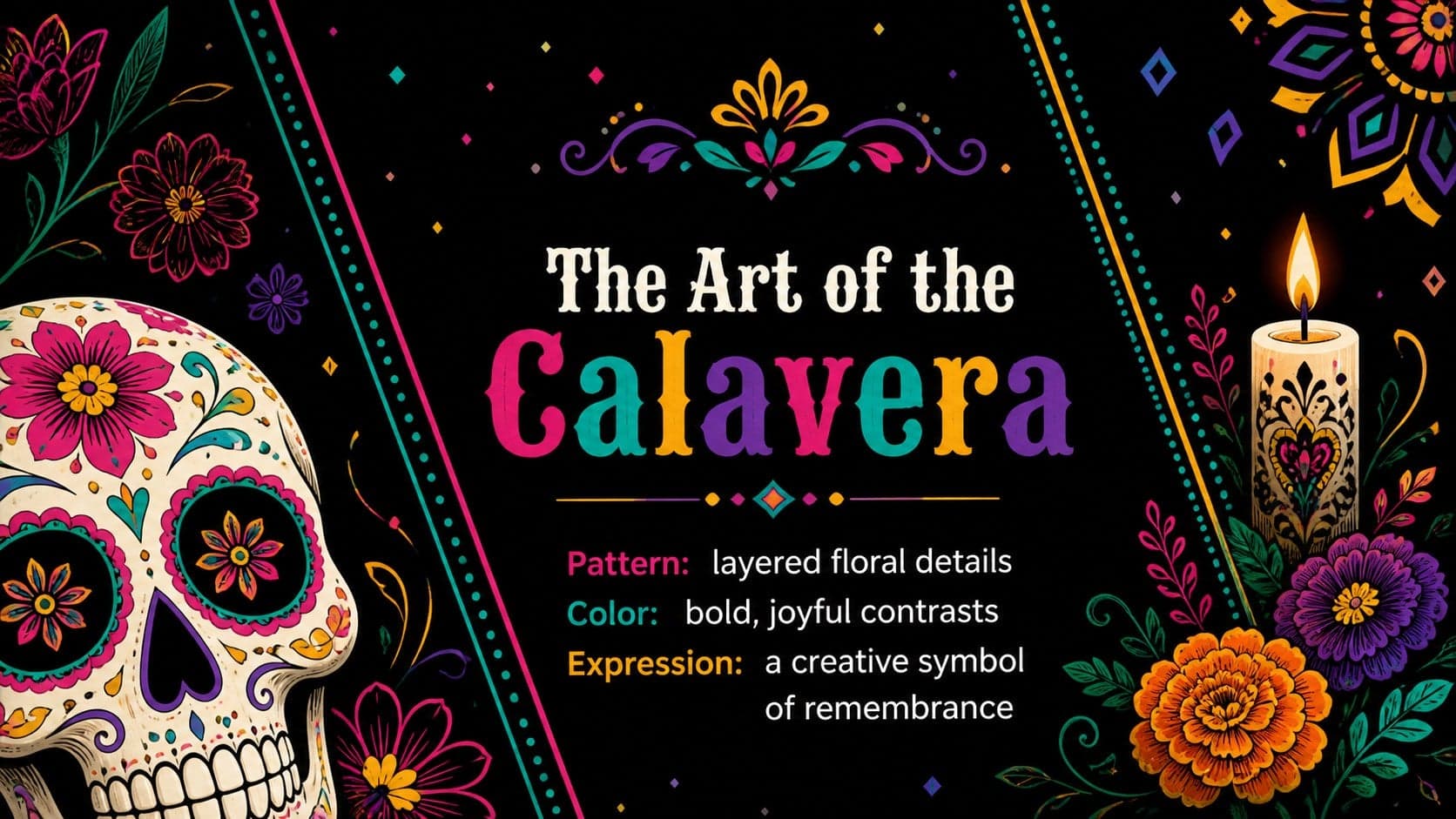 Sugar skull Google Slides theme page presenting calavera artistry through three colorful design principles.