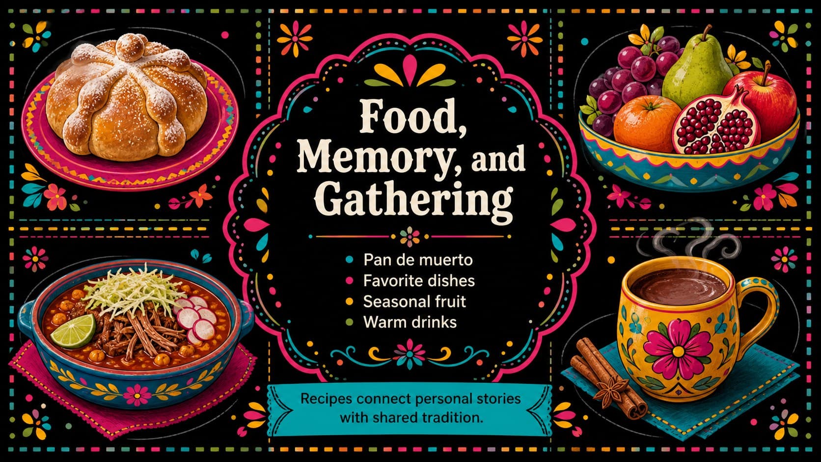 Colorful cultural celebration slide deck page featuring pan de muerto, favorite dishes, fruit, and warm drinks.