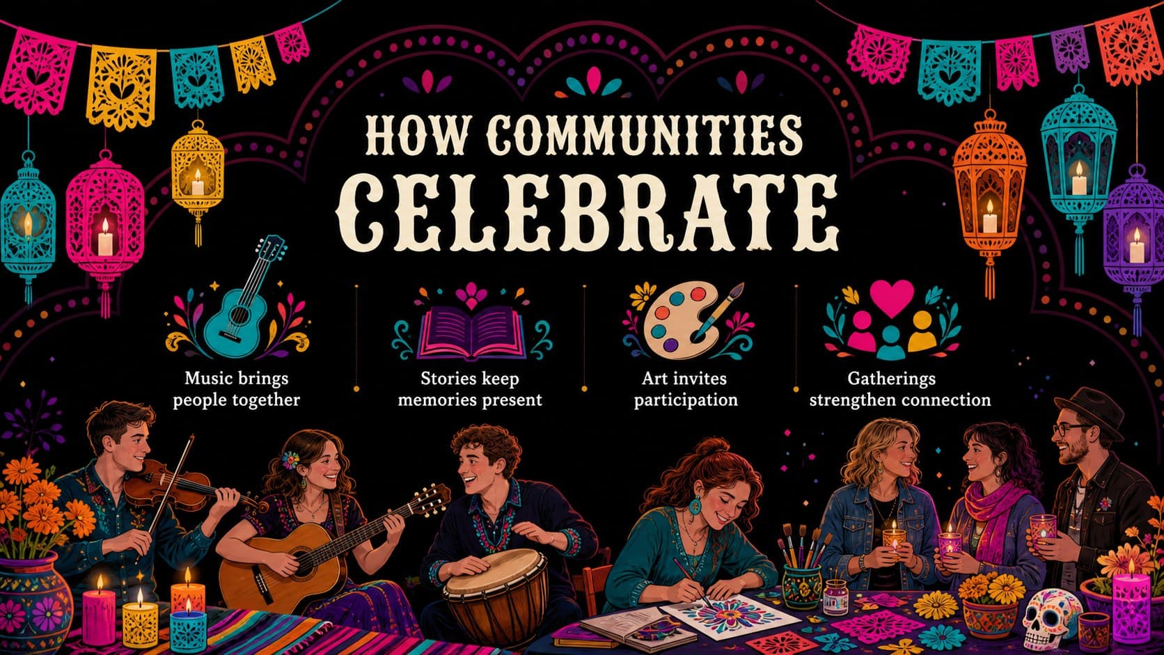 Community Día de los Muertos event slide highlighting music, storytelling, art, and shared remembrance.