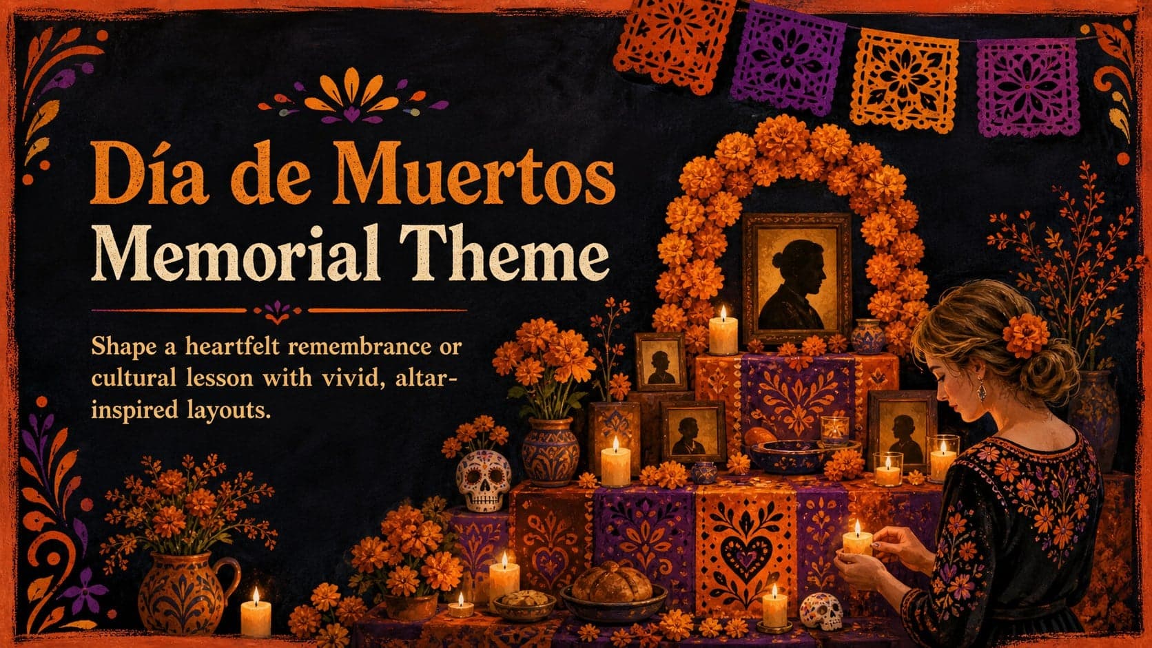 Cover of the Día de Muertos memorial theme with marigolds, candles, papel picado, and a colorful illustrated altar.