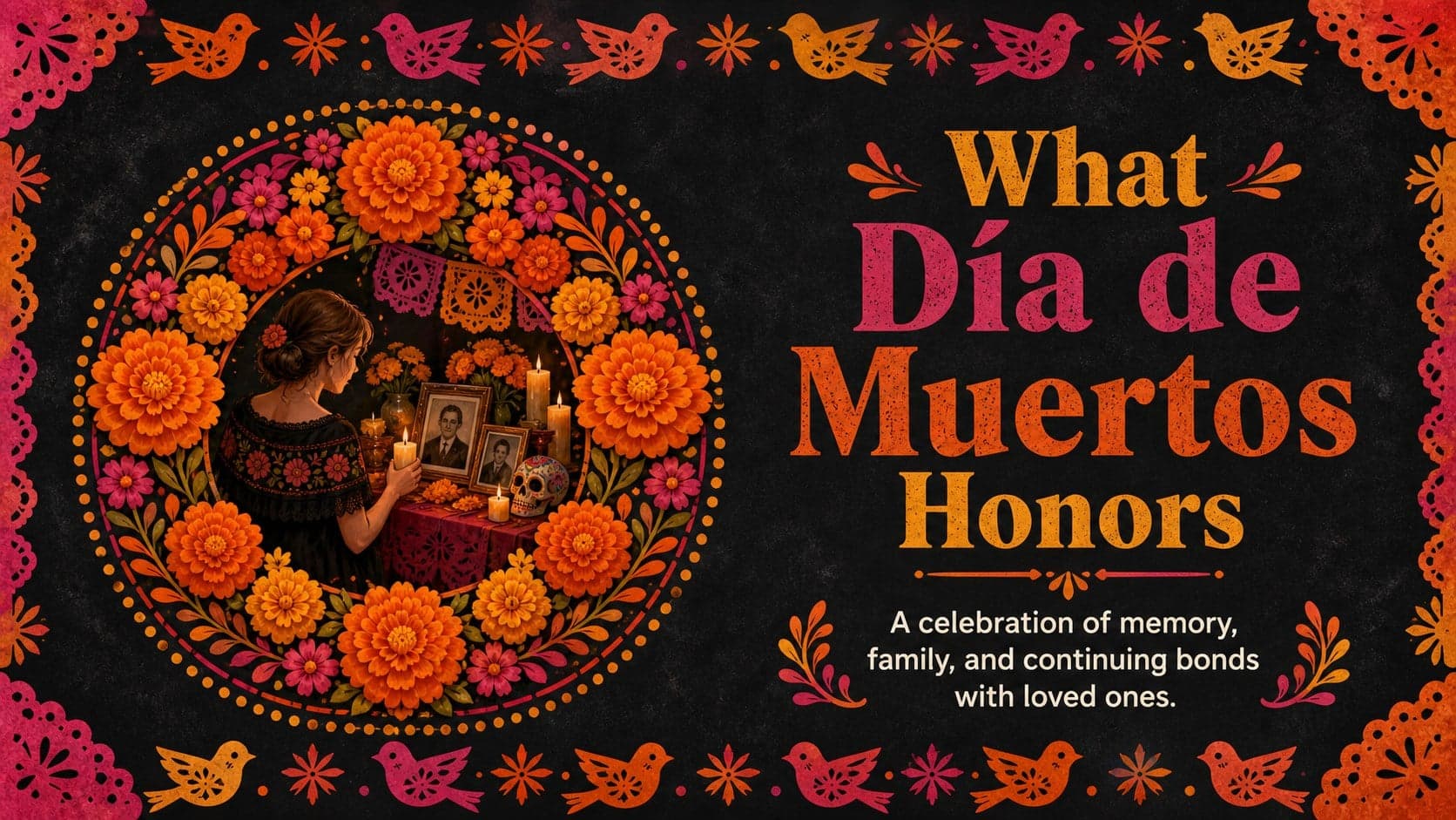 Día de Muertos classroom slide explaining how the celebration connects memory, family, and cultural heritage.