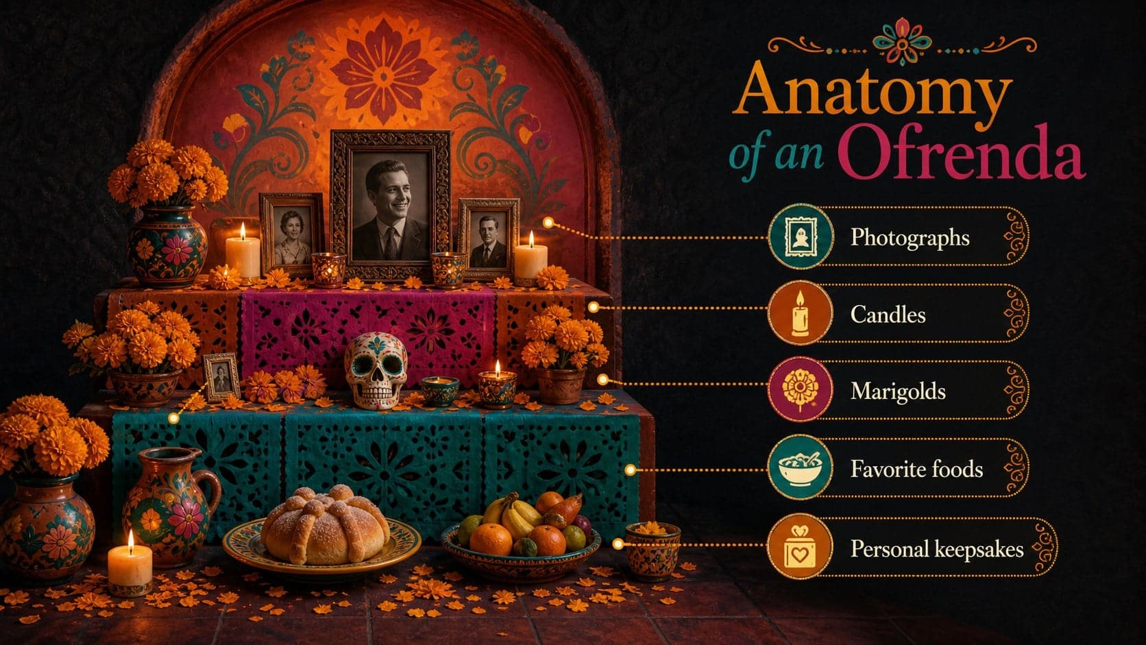 Ofrenda ceremony PowerPoint layout labeling photographs, candles, flowers, food, and keepsakes on an altar.