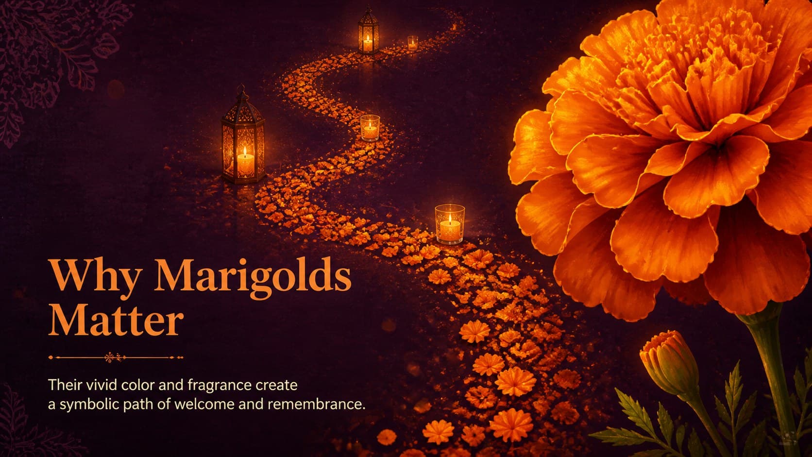Marigold festival presentation design explaining the flower's symbolic path of color and fragrance.
