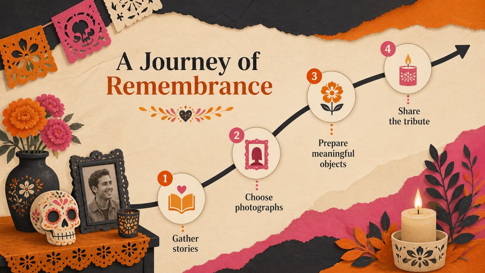 Día de Muertos timeline slide showing steps for gathering stories, selecting photographs, and preparing a tribute.